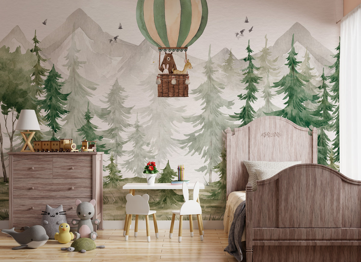 Balloon Forest Wallpaper : Watercolor Pine Trees Kids Mural - View 3