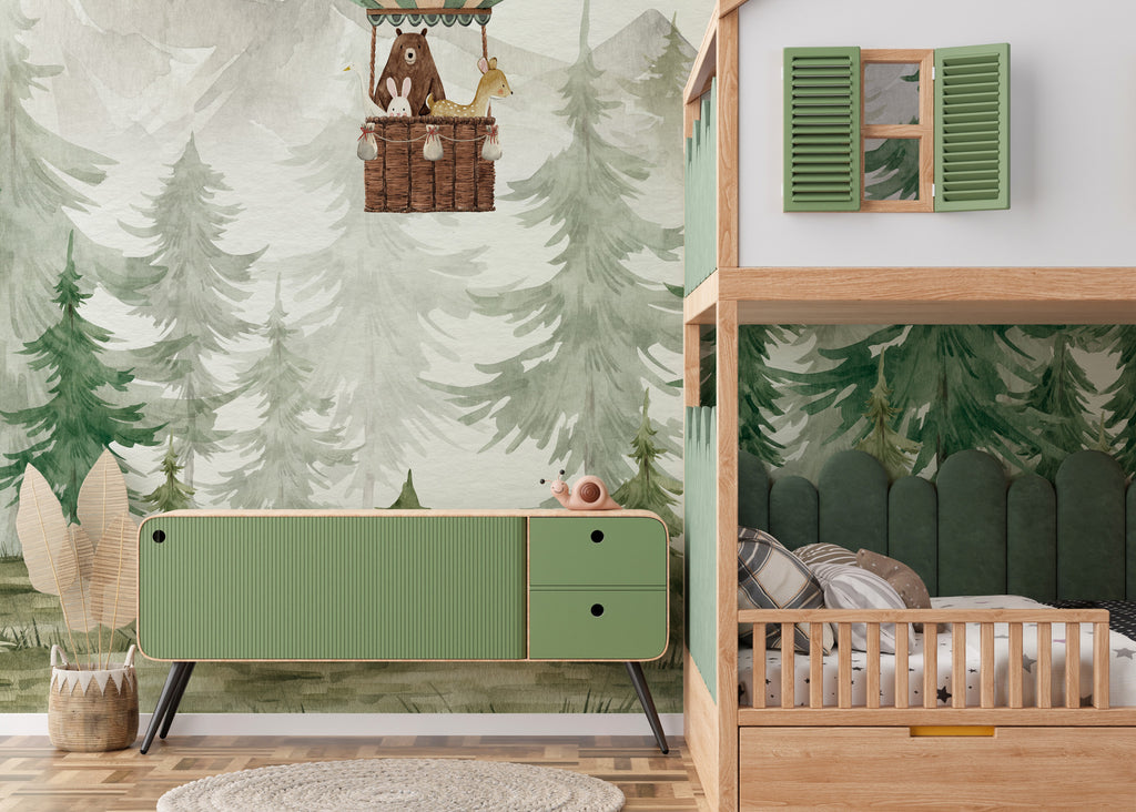 Balloon Forest Wallpaper : Watercolor Pine Trees Kids Mural - View 4