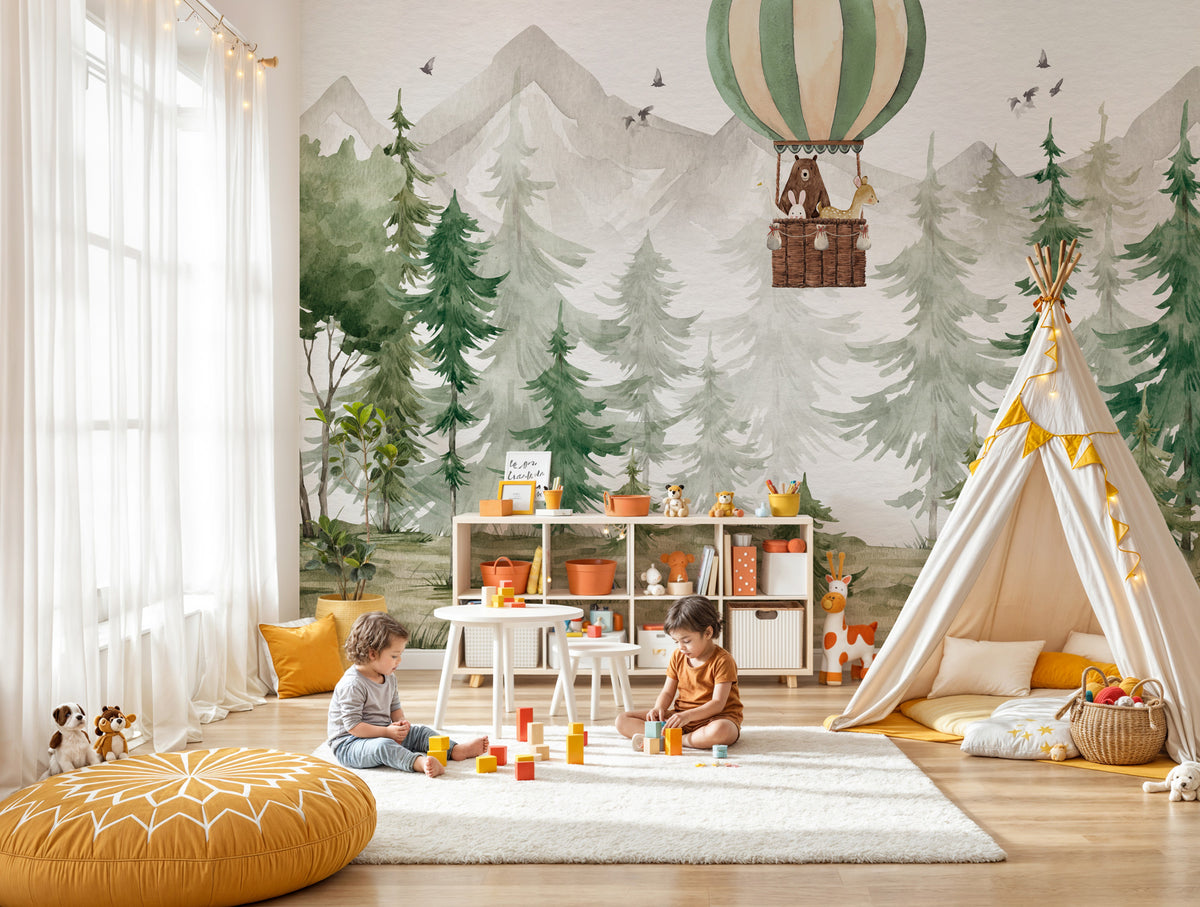 Balloon Forest Wallpaper : Watercolor Pine Trees Kids Mural - View 5