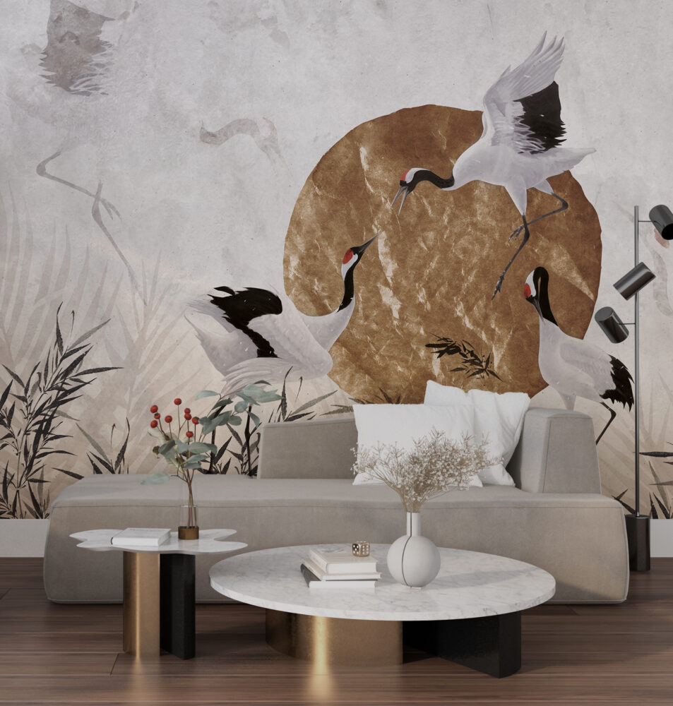Gold Sun Crane Wallpaper : Japanese Bird And Gold Leaf Mural - View 5