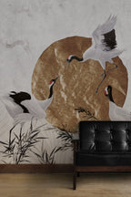 Gold Sun Crane Wallpaper : Japanese Bird And Gold Leaf Mural - View 6