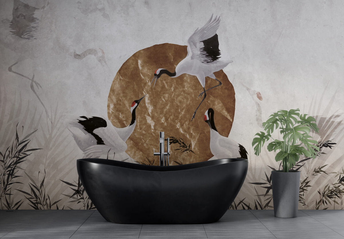 Gold Sun Crane Wallpaper : Japanese Bird And Gold Leaf Mural - View 4