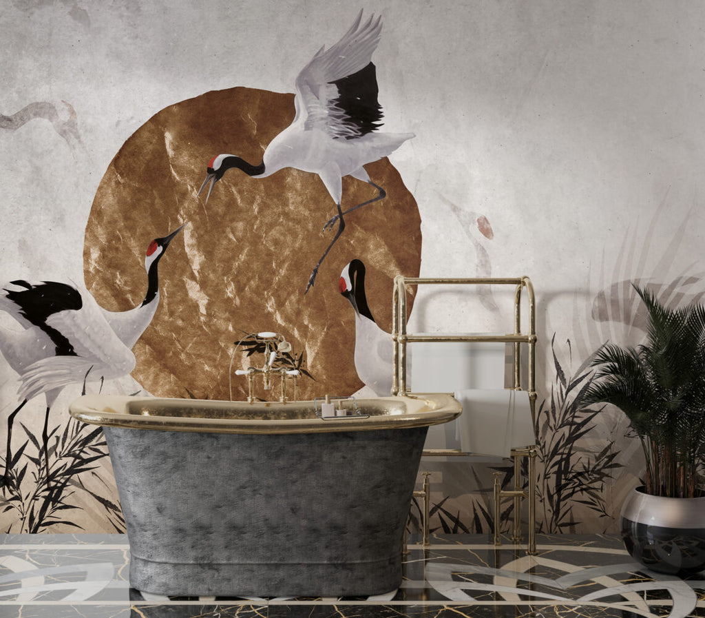 Gold Sun Crane Wallpaper : Japanese Bird And Gold Leaf Mural