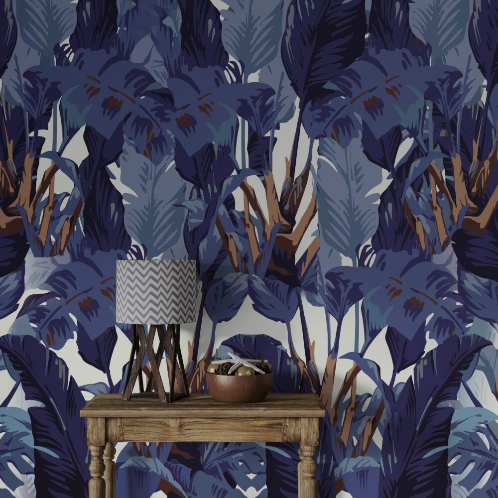 Purple Tropical Leaf Wallpaper : Indigo Jungle Pattern