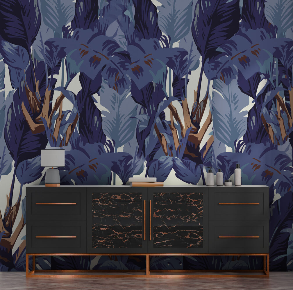 Purple Tropical Leaf Wallpaper : Indigo Jungle Pattern - View 3