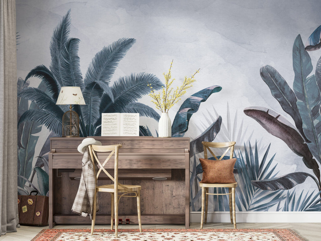 Teal Palm Wallpaper : Moody Tropical Fronds Mural - View 6