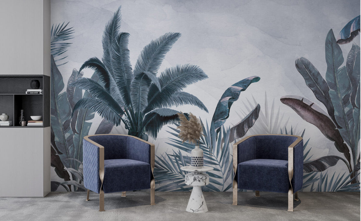 Teal Palm Wallpaper : Moody Tropical Fronds Mural