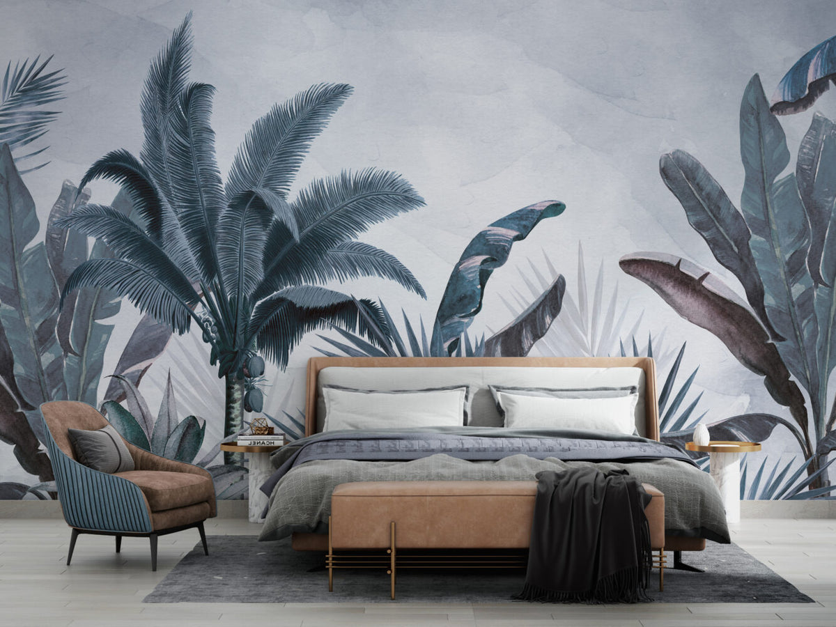 Teal Palm Wallpaper : Moody Tropical Fronds Mural - View 4