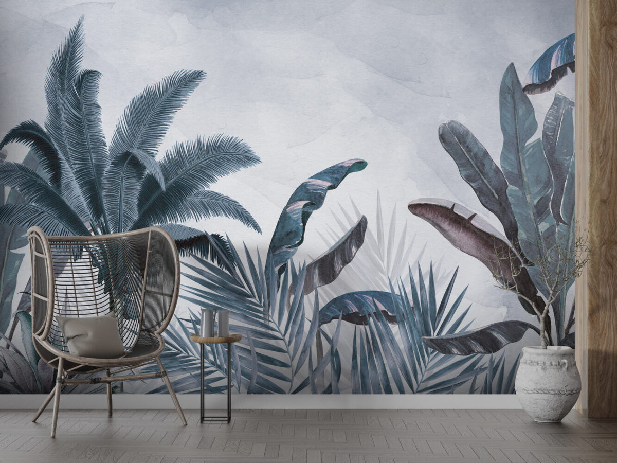 Teal Palm Wallpaper : Moody Tropical Fronds Mural - View 5