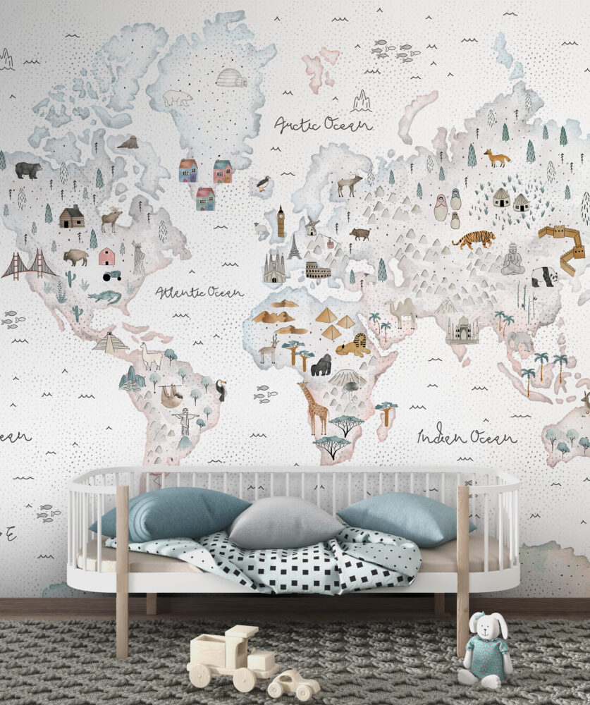 Watercolor Animal World Map Wallpaper : Landmarks Kids Mural - View 6