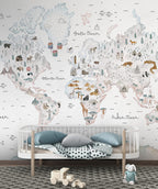 Watercolor Animal World Map Wallpaper : Landmarks Kids Mural - View 6