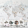 Watercolor Animal World Map Wallpaper : Landmarks Kids Mural
