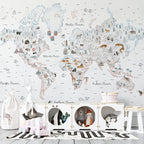 Watercolor Animal World Map Wallpaper : Landmarks Kids Mural