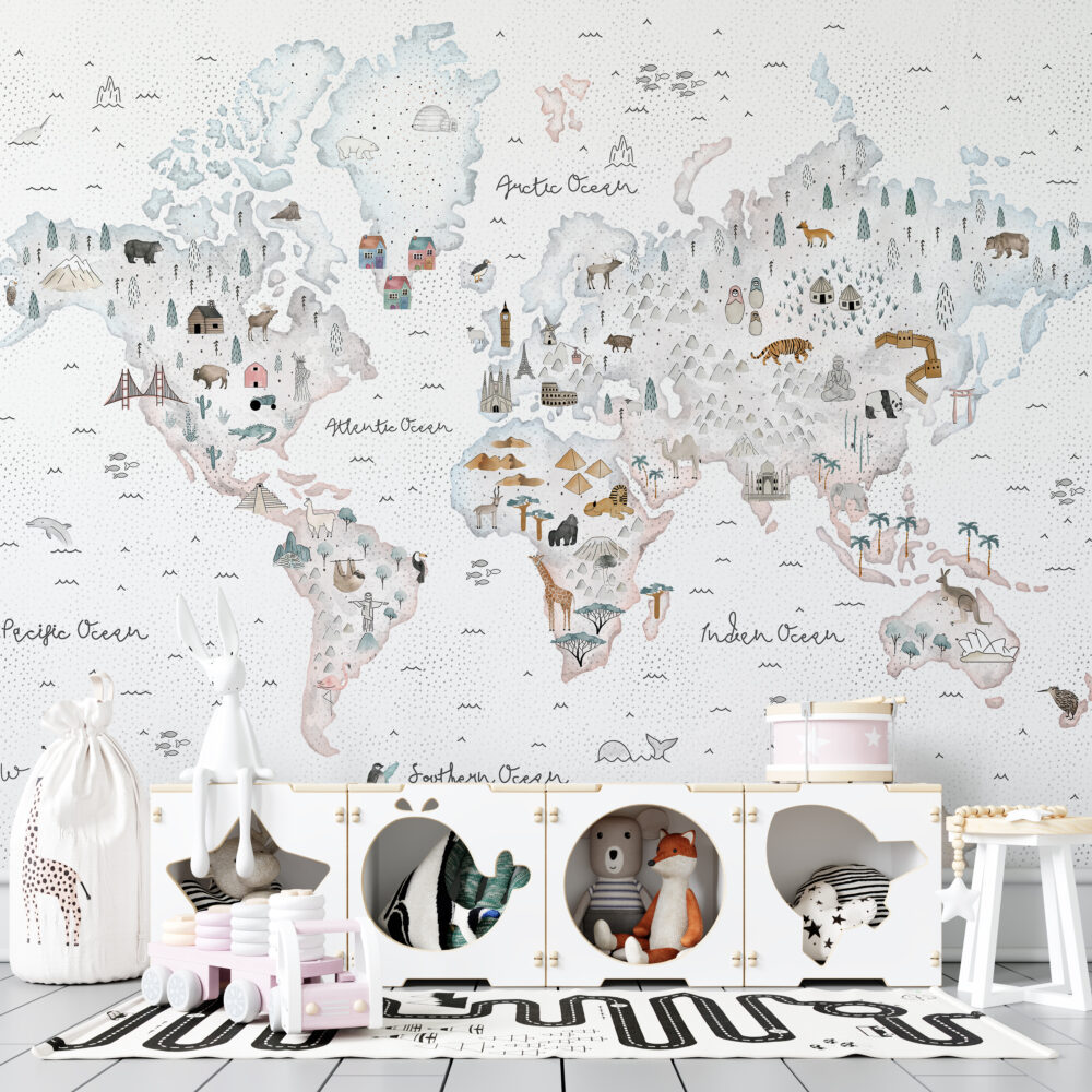 Watercolor Animal World Map Wallpaper : Landmarks Kids Mural