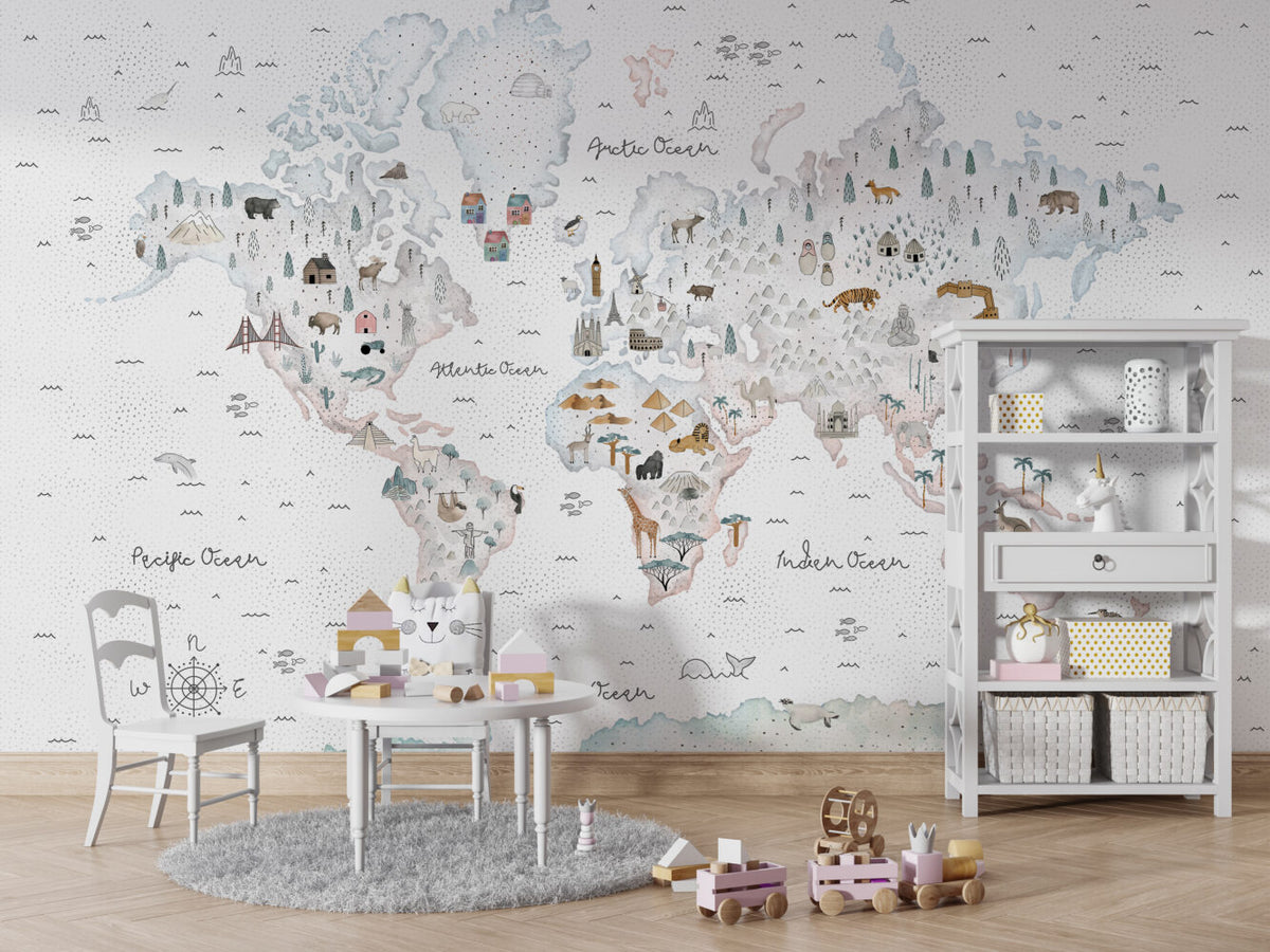 Watercolor Animal World Map Wallpaper : Landmarks Kids Mural - View 4