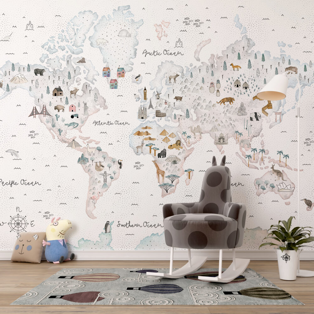 Watercolor Animal World Map Wallpaper : Landmarks Kids Mural - View 5