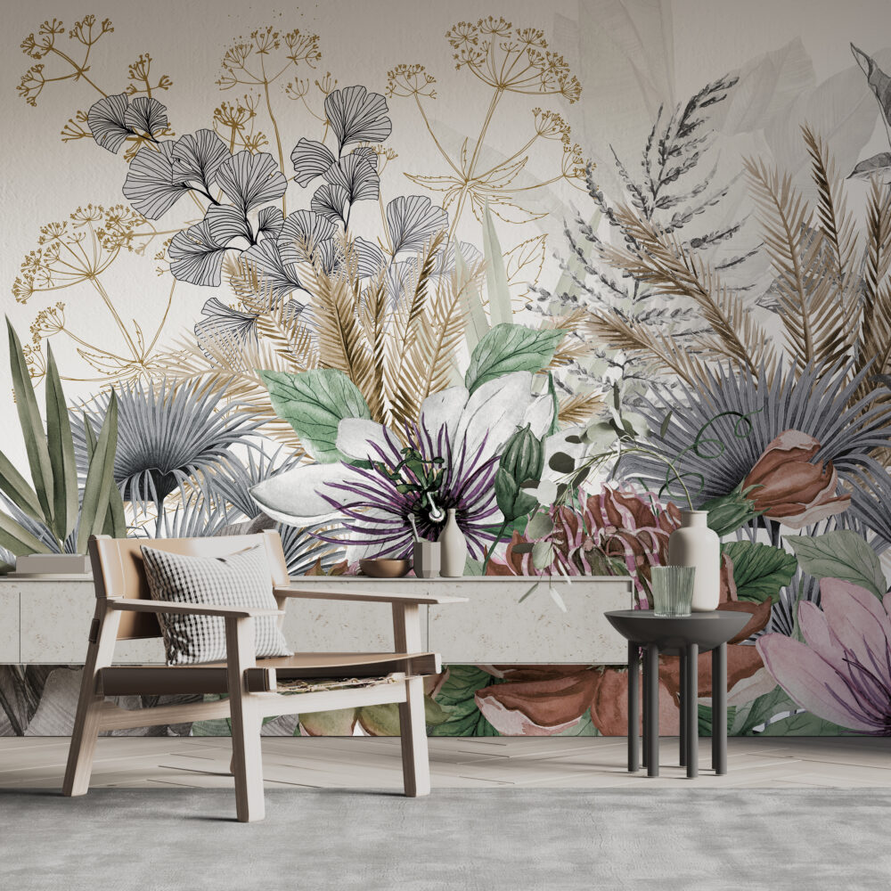 Tropical Flower Wallpaper : Purple Passionflower And Leaves Mural