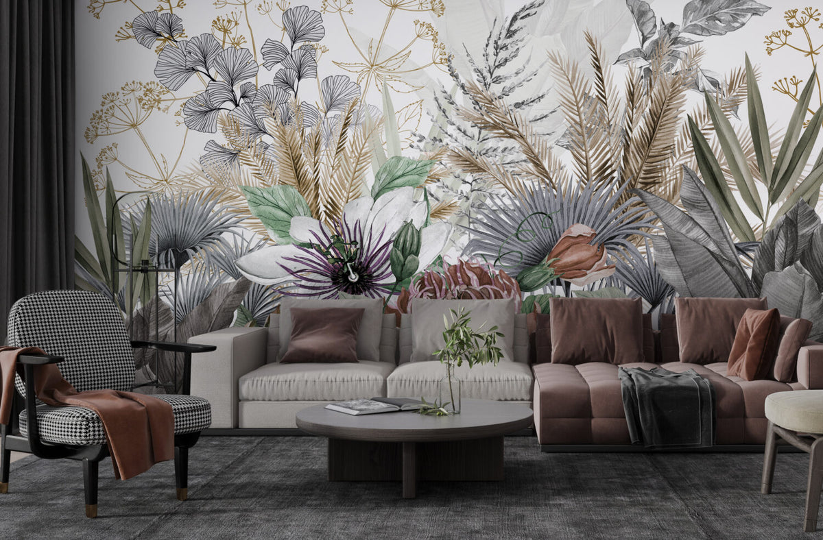 Tropical Flower Wallpaper : Purple Passionflower And Leaves Mural - View 3