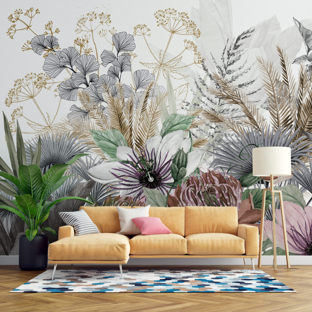 Tropical Flower Wallpaper : Purple Passionflower And Leaves Mural - View 4