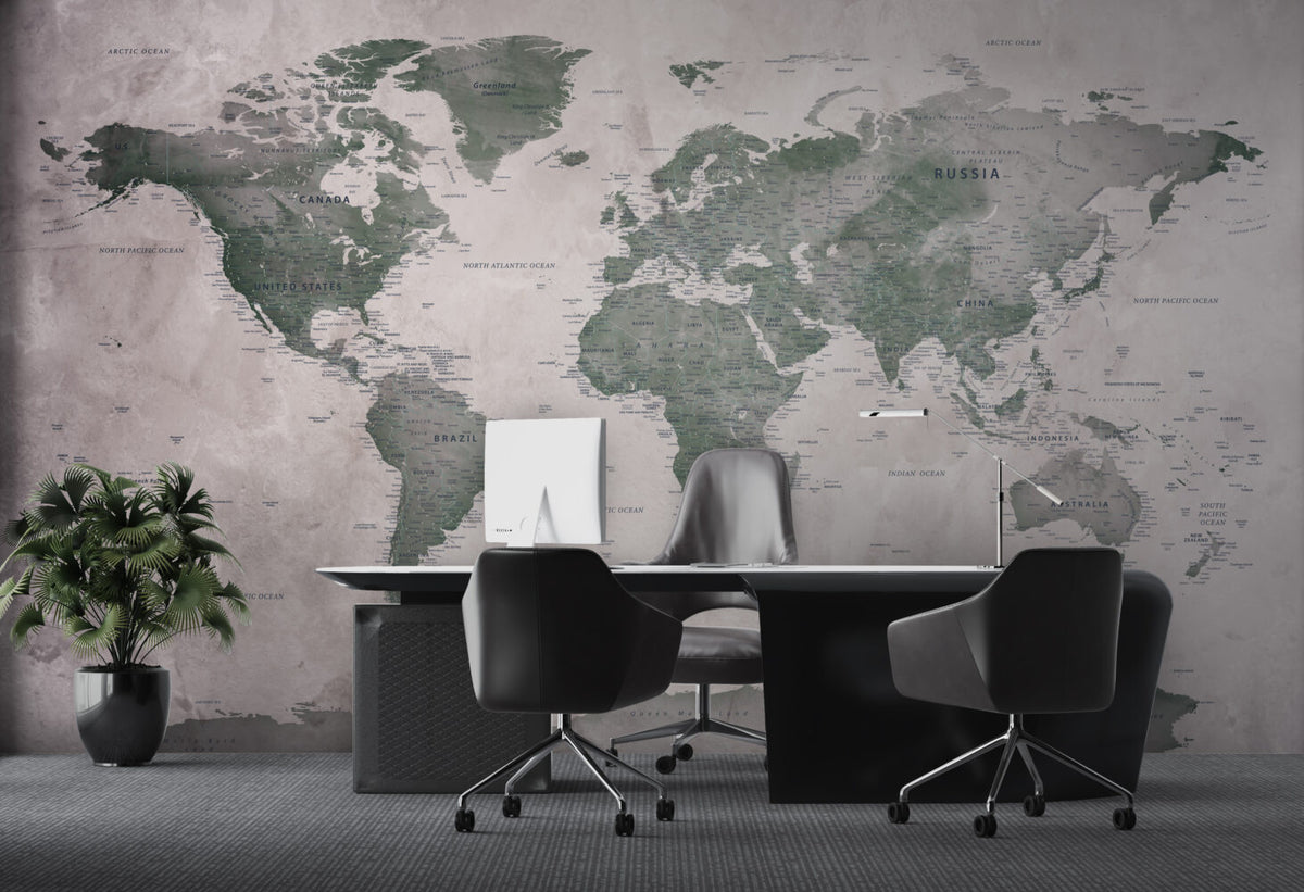 Green World Map Wallpaper : Vintage Detailed Atlas Mural