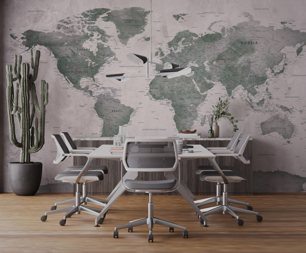 Green World Map Wallpaper : Vintage Detailed Atlas Mural - View 5