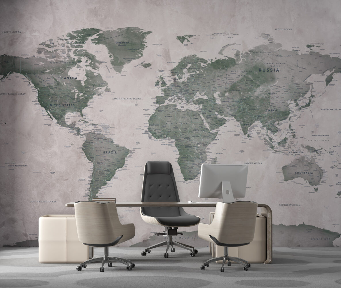 Green World Map Wallpaper : Vintage Detailed Atlas Mural - View 3