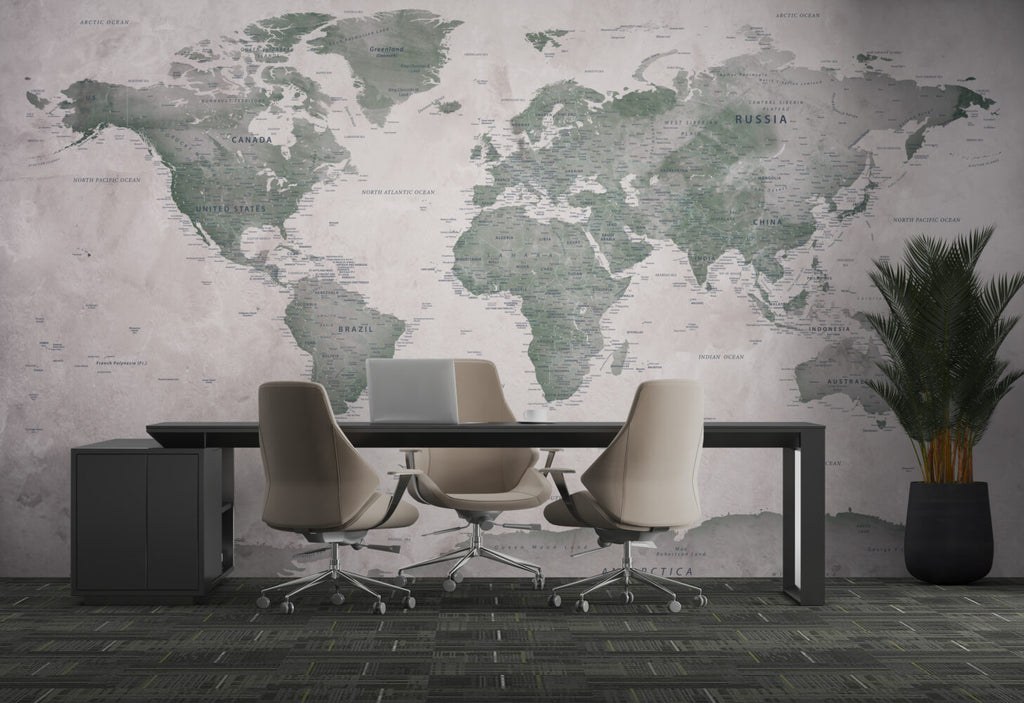 Green World Map Wallpaper : Vintage Detailed Atlas Mural - View 4