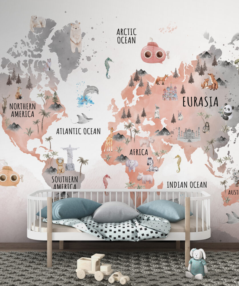 Pink Animal World Map Wallpaper : Kids Landmarks Atlas Mural - View 6