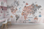Pink Animal World Map Wallpaper : Kids Landmarks Atlas Mural