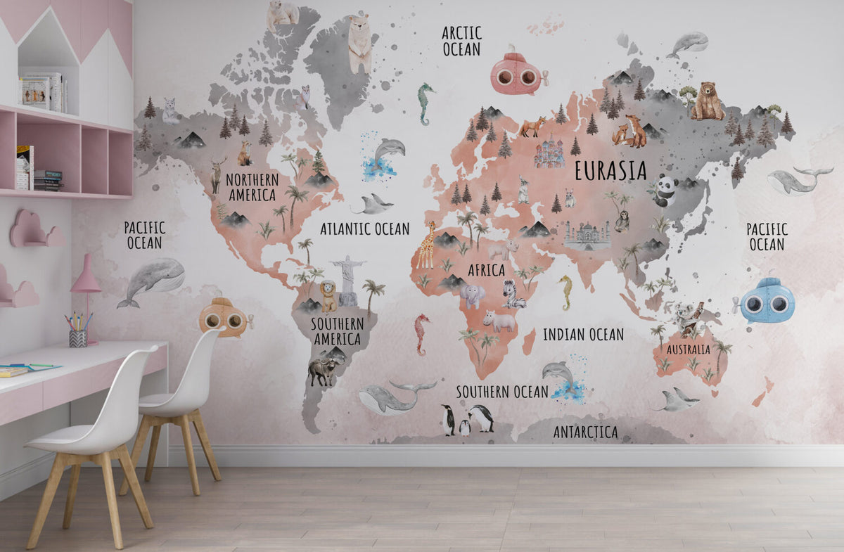 Pink Animal World Map Wallpaper : Kids Landmarks Atlas Mural