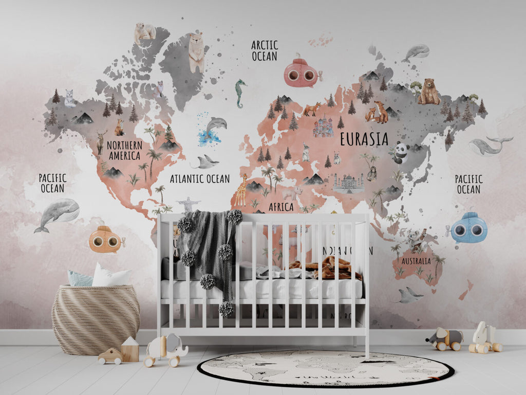 Pink Animal World Map Wallpaper : Kids Landmarks Atlas Mural - View 3