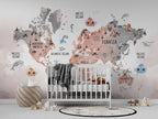 Pink Animal World Map Wallpaper : Kids Landmarks Atlas Mural - View 3