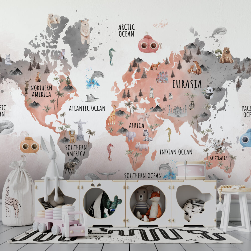 Pink Animal World Map Wallpaper : Kids Landmarks Atlas Mural - View 4