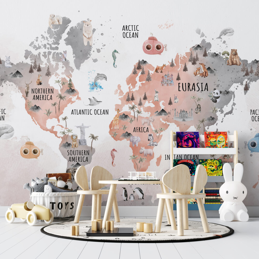 Pink Animal World Map Wallpaper : Kids Landmarks Atlas Mural - View 5