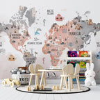 Pink Animal World Map Wallpaper : Kids Landmarks Atlas Mural - View 5