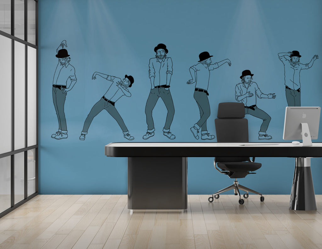 Dancing Men Wallpaper : Line Art On Blue Mural - View 6