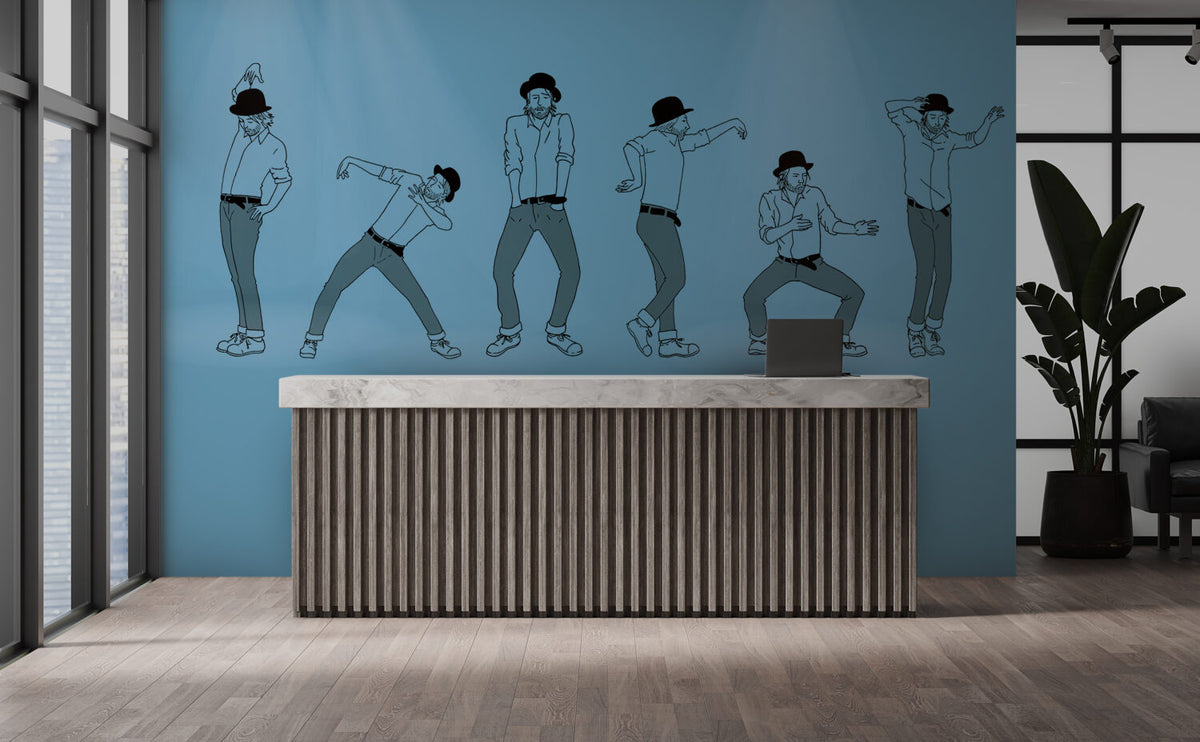 Dancing Men Wallpaper : Line Art On Blue Mural - View 3