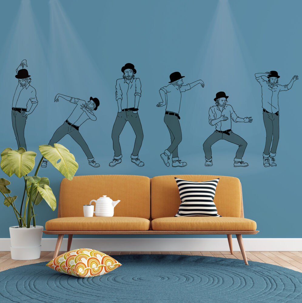 Dancing Men Wallpaper : Line Art On Blue Mural - View 5