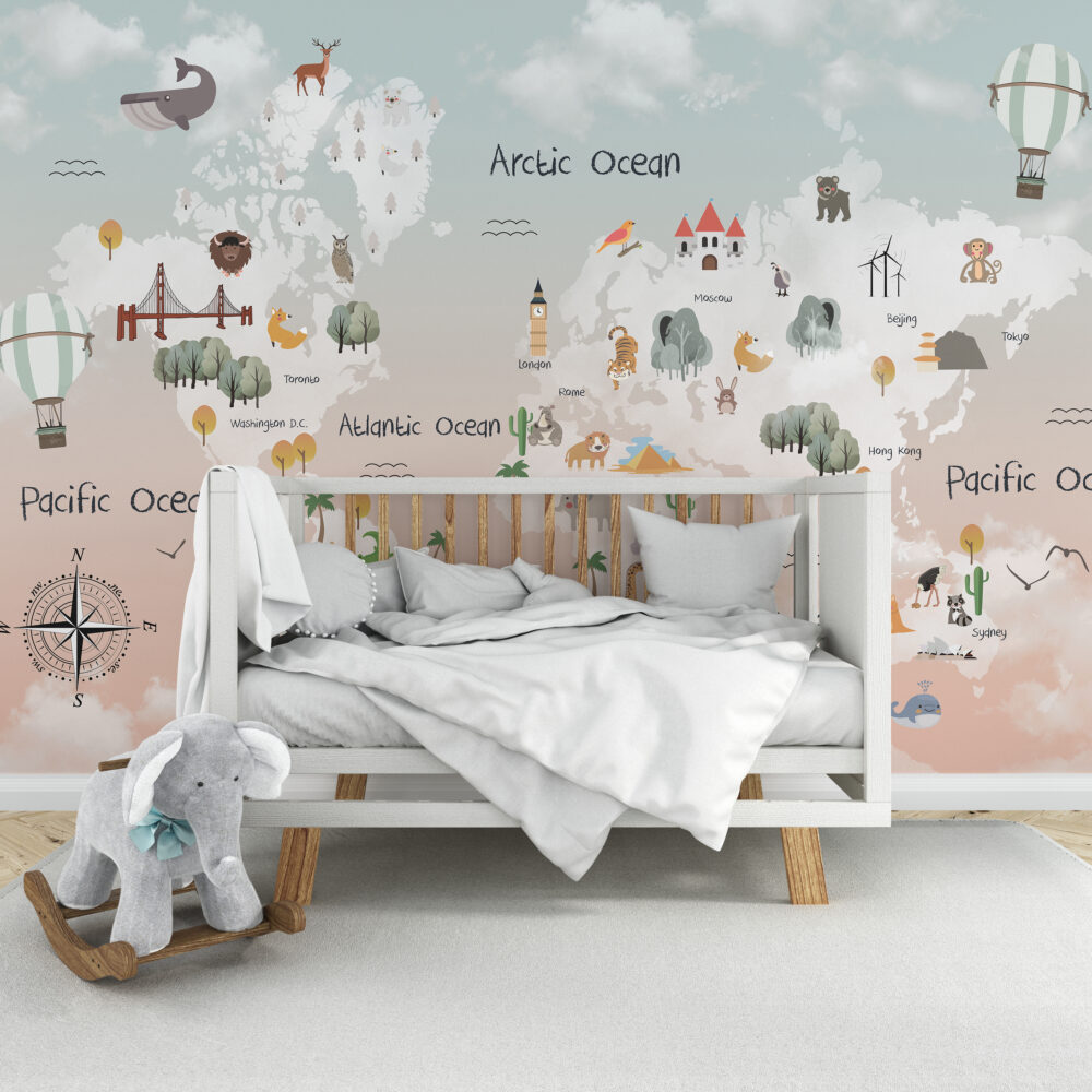 Cartoon Animal World Map Wallpaper : Pastel Kids Atlas Mural - View 6
