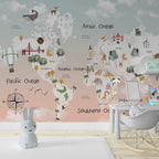 Cartoon Animal World Map Wallpaper : Pastel Kids Atlas Mural - View 3