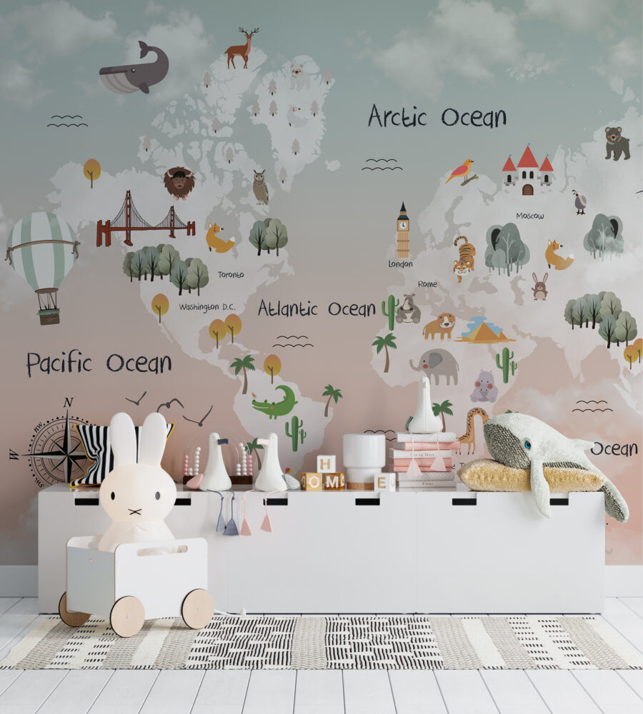Cartoon Animal World Map Wallpaper : Pastel Kids Atlas Mural
