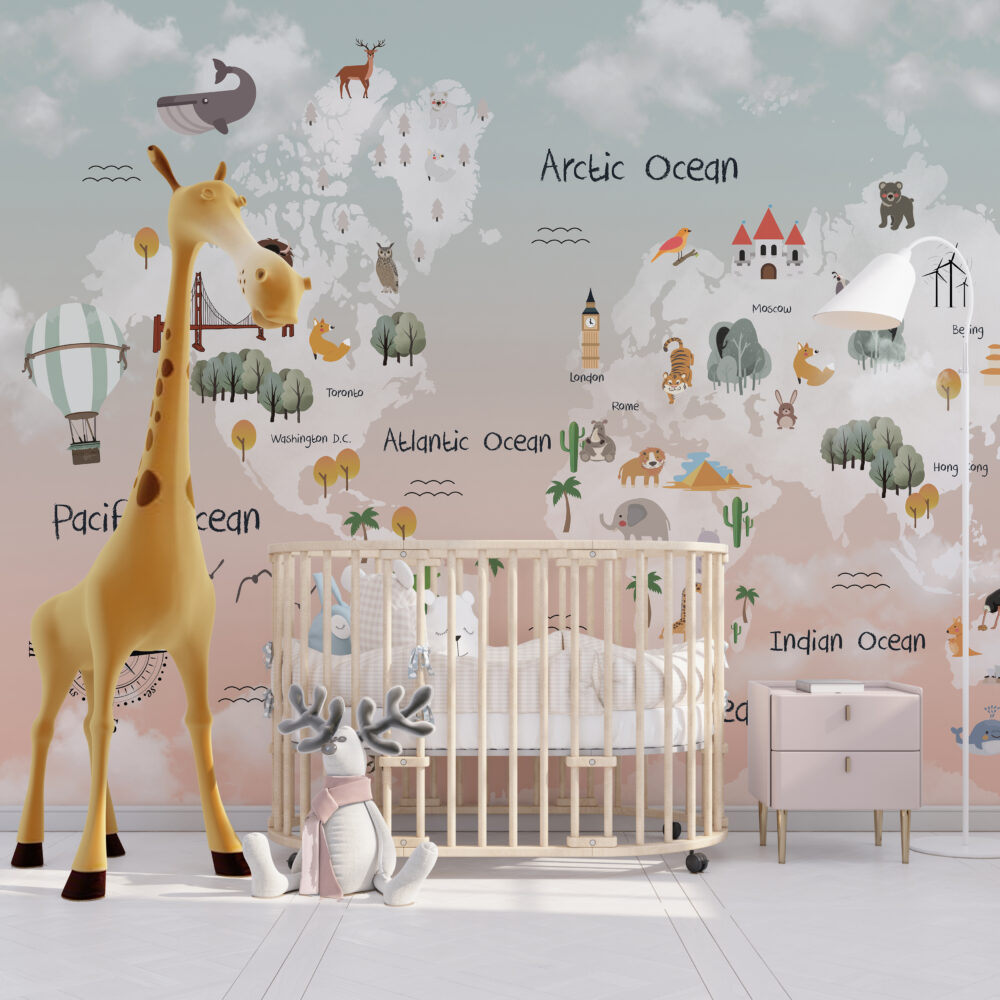 Cartoon Animal World Map Wallpaper : Pastel Kids Atlas Mural - View 4