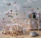 Cartoon Animal World Map Wallpaper : Pastel Kids Atlas Mural - View 5