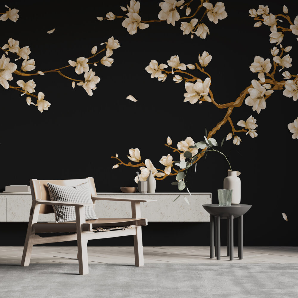 Black Magnolia Wallpaper : Cream Blossoms On Dark Mural - View 4