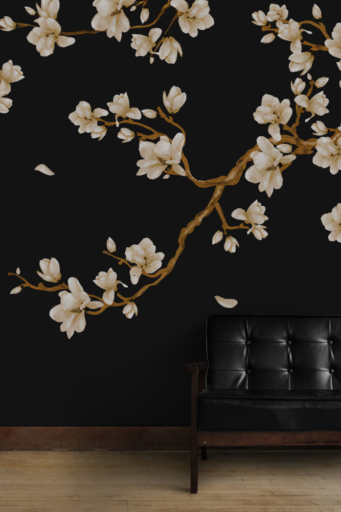 Black Magnolia Wallpaper : Cream Blossoms On Dark Mural - View 6