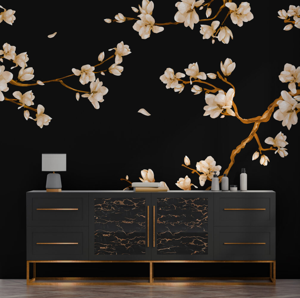 Black Magnolia Wallpaper : Cream Blossoms On Dark Mural