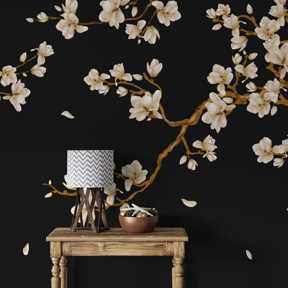 Black Magnolia Wallpaper : Cream Blossoms On Dark Mural - View 3