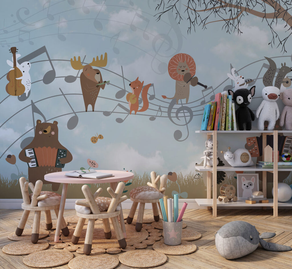 Musical Animals Wallpaper : Fox And Lion Music Notes Kids Mural - View 5