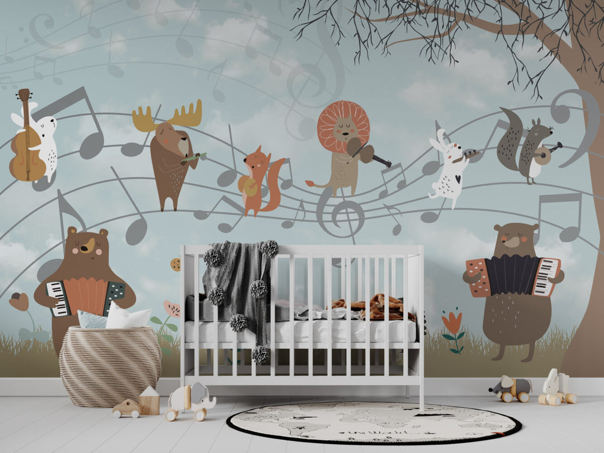 Musical Animals Wallpaper : Fox And Lion Music Notes Kids Mural - View 6