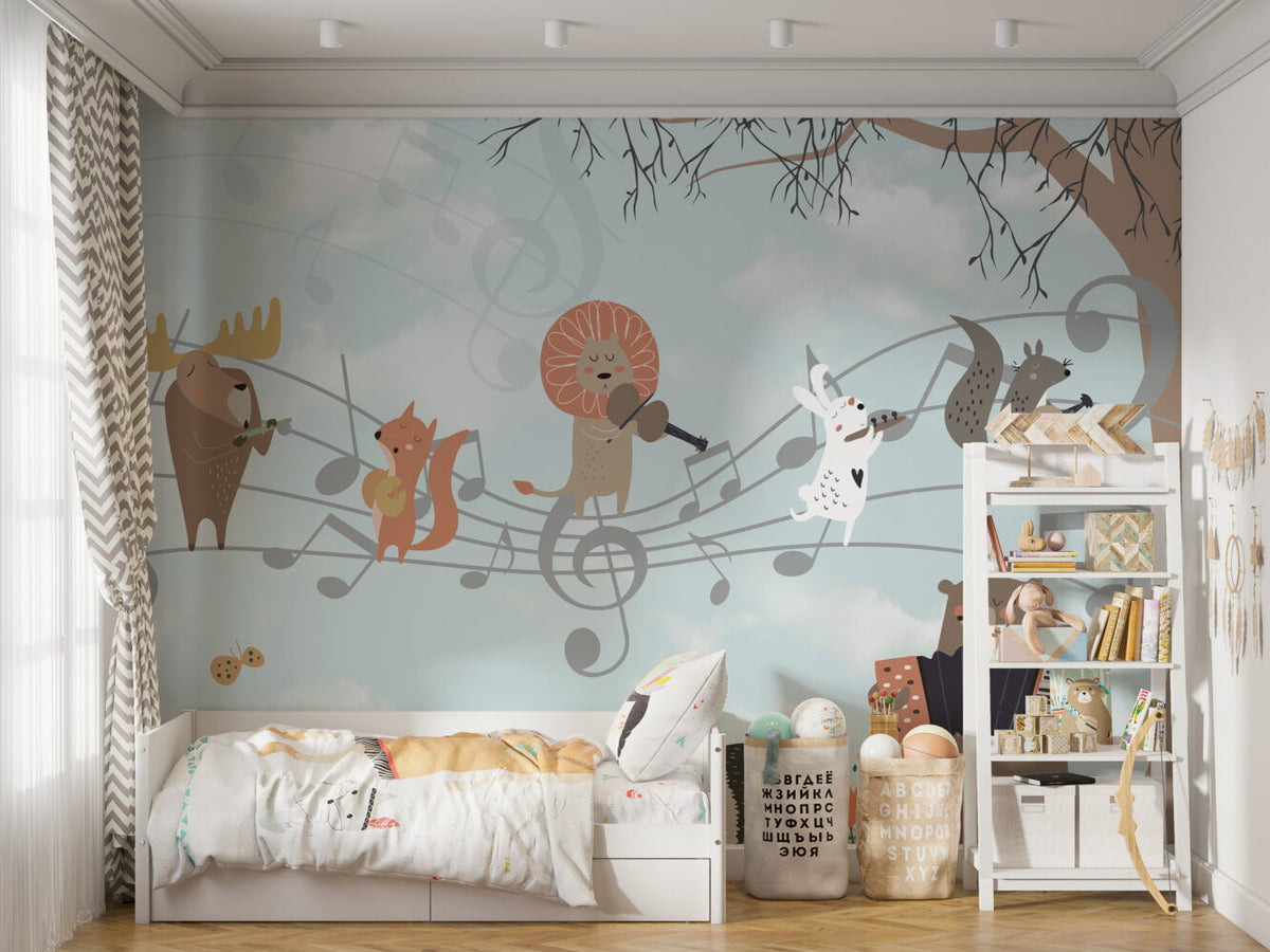 Musical Animals Wallpaper : Fox And Lion Music Notes Kids Mural